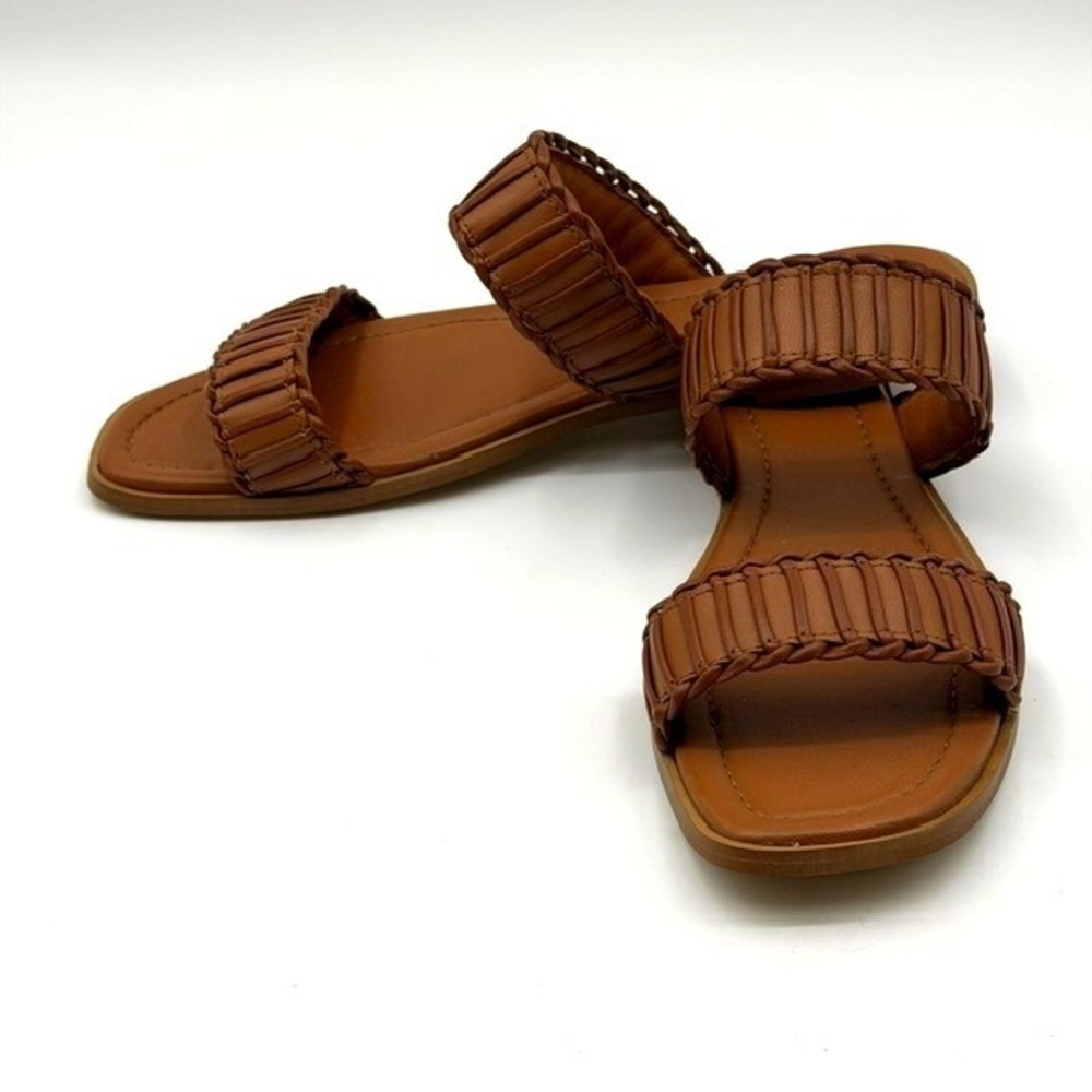 Seychelles Womens 11 Brown Leather Pleated Braided Two Strap Slide Sandals Flat